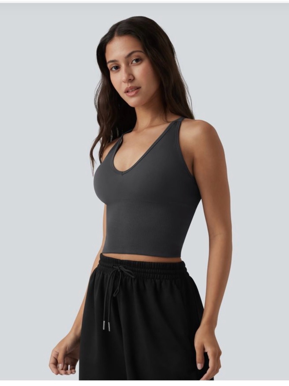 HALARA Seamless V-Neck Crop Built-in Bra Yoga Tank - Charcoal Gray